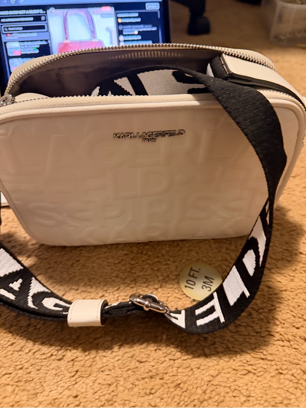 Karl Lagerfeld- White Embossed Crossbody Bag w/ Black Logo Strap